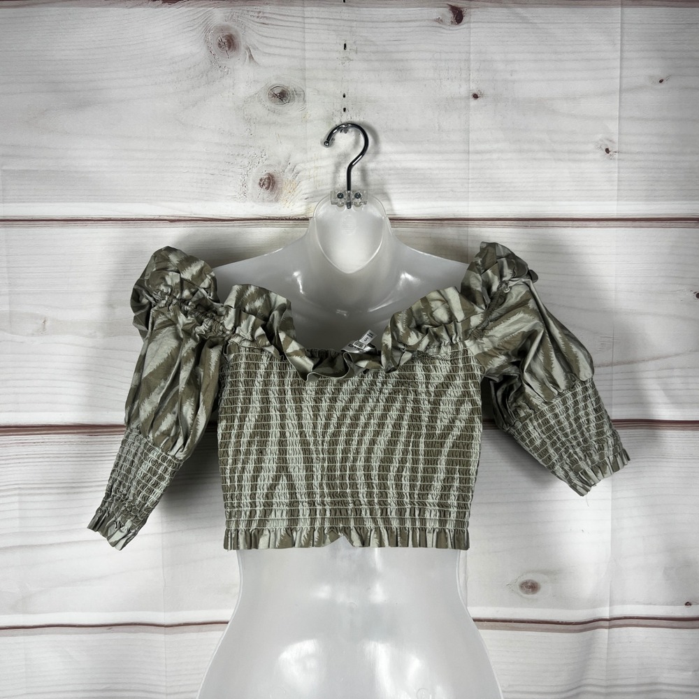 TOCCIN X RTR Smocked Crop Top Women Small Olive Green Zebra Print Ruffle Stretch
